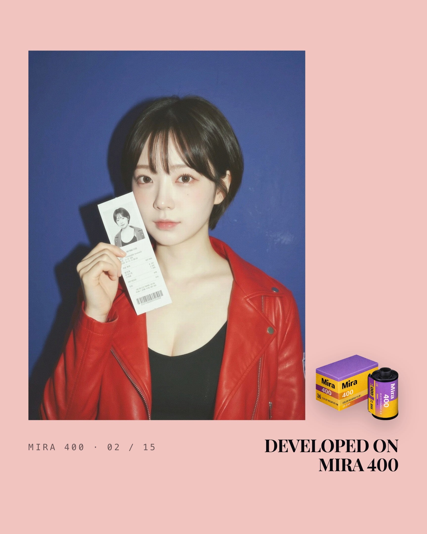 Mira 400's own colour room, a soft pink. A portrait stands in it, a red leather jacket against a deep blue wall with a small black and white photo card held up beside the face. A Mira 400 canister sits in the bottom right corner and DEVELOPED ON MIRA 400 is set under it in serif capitals.