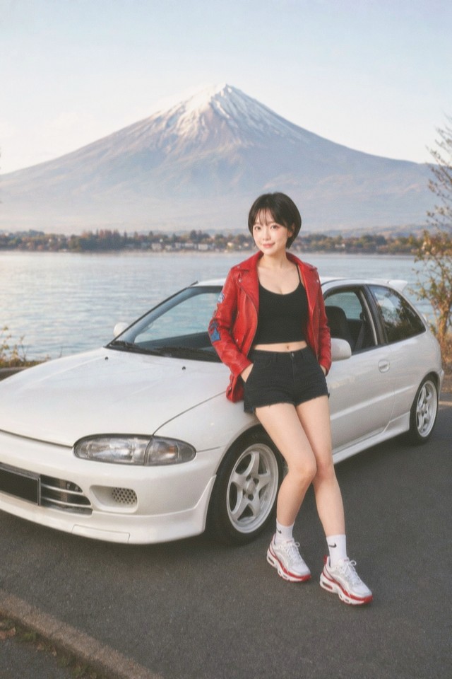A white 90s hatchback parked by a lake with a snow topped cone behind it, autumn trees on the far shore, someone in a red jacket leaning on the front wing. Verdi 400.