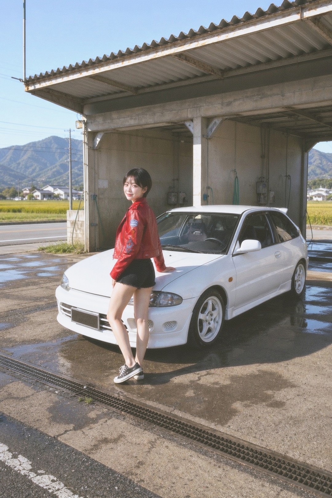 The same car under a corrugated roof after rain, wet tarmac reflecting the sky, green hills and a yellow green field behind.