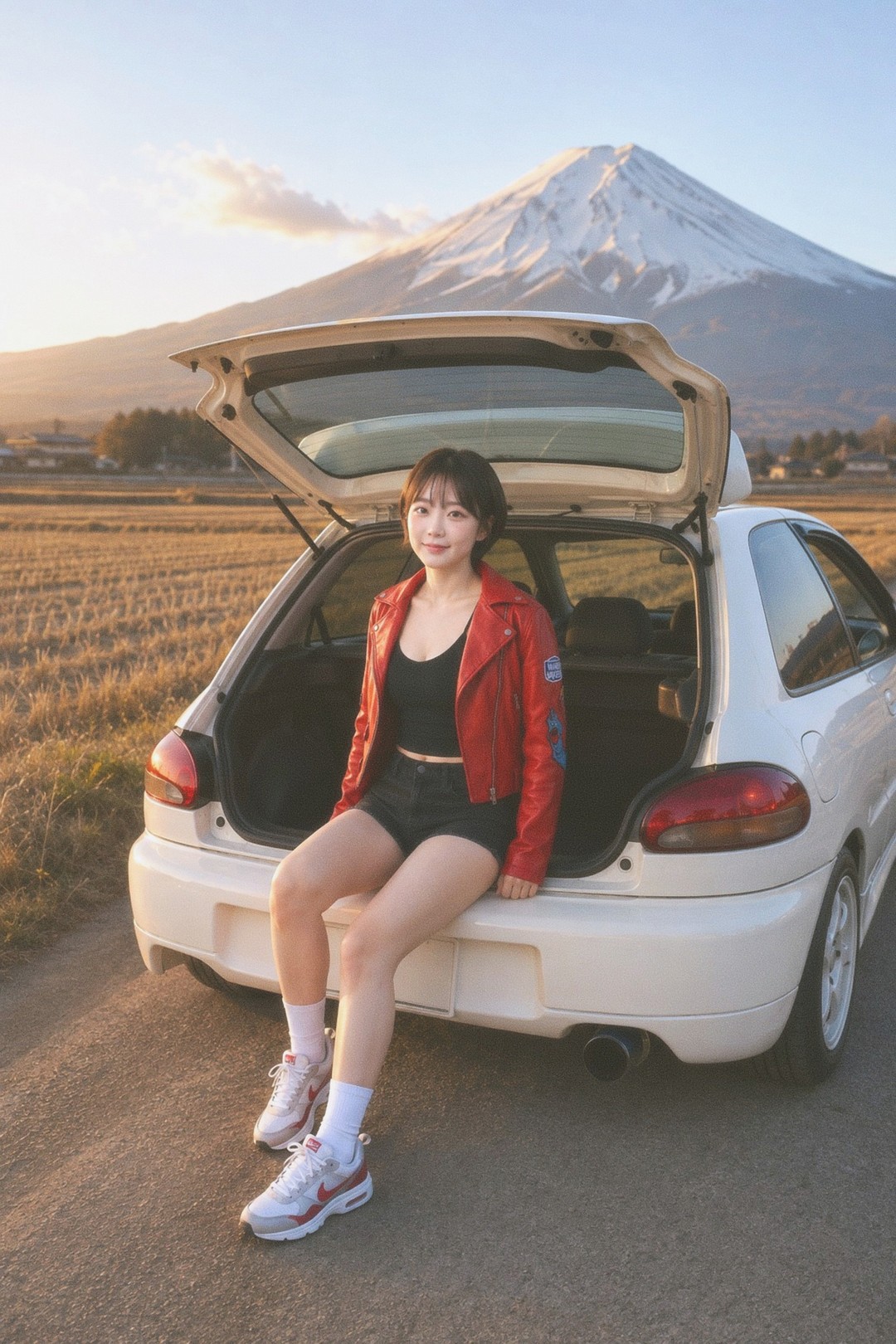 Sitting in the open tailgate of the hatchback at low sun, a dry golden field to the left and the mountain behind, warm light across the whole frame.
