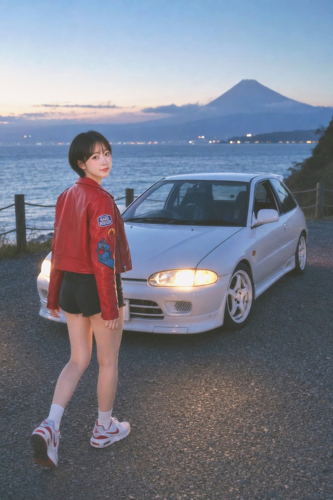 Dusk by the water with the car's headlight on, deep blue sky, the mountain faint in the haze behind, a red jacket lit by the last light.