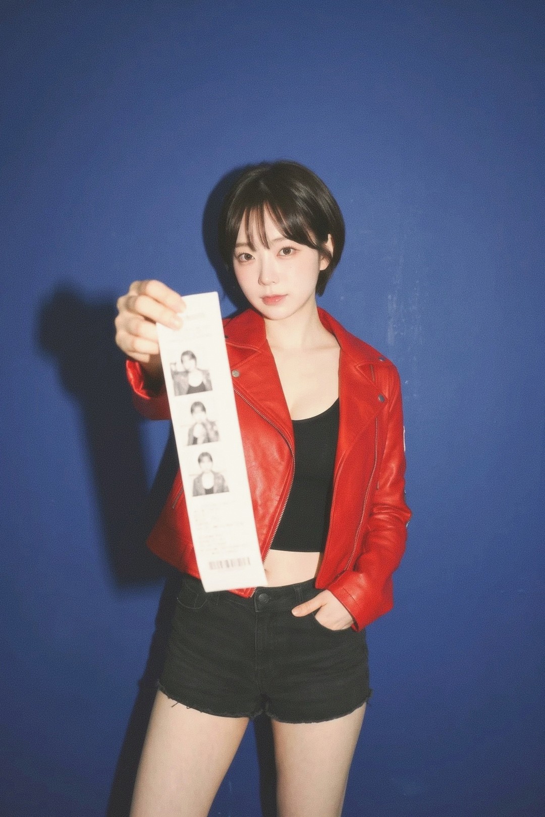 A person in a red leather jacket standing against a deep blue wall, holding a strip of small black and white portraits out towards the camera.