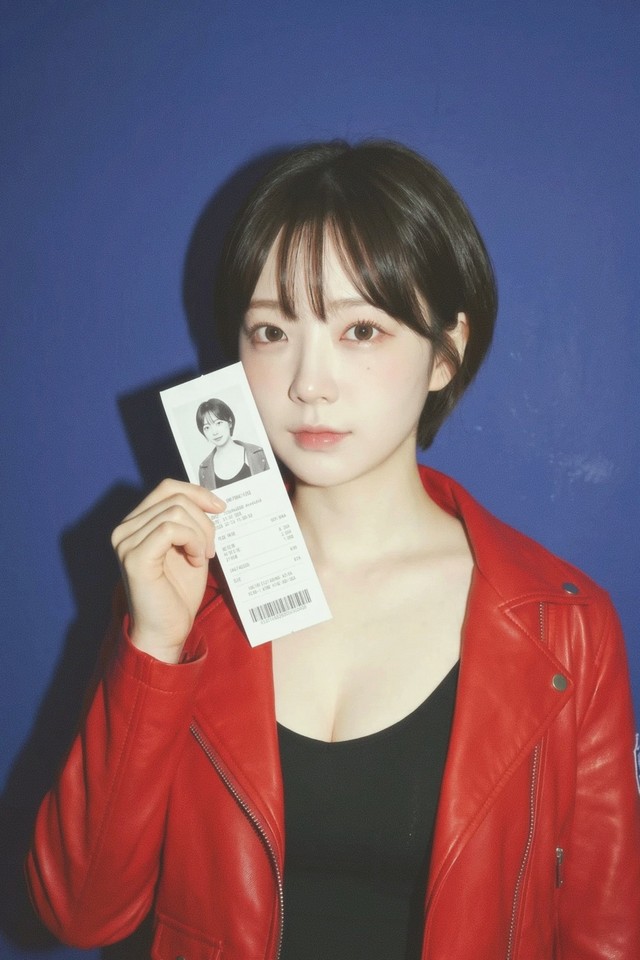 A close portrait against a deep blue wall, red leather jacket, holding a paper photo strip beside her face. Skin stays warm and even against a very saturated background.